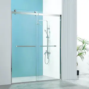 A03-Double Sliding Shower Door 56-60'W x76" H Semi-Frameless Glass Door with 3/8" Clear SGCC Tempered Glass Bypass Enclosure Light Chrome Finish glass  enclosure shower head