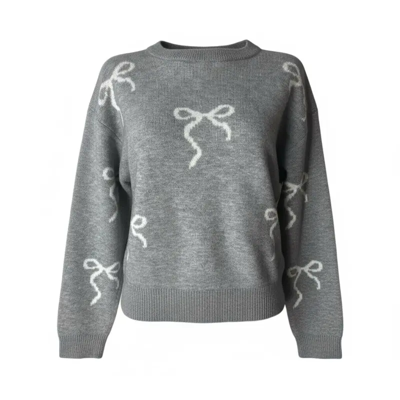 Coquette Sweater Gray Color with Bow Embroidery for Women's Fashion