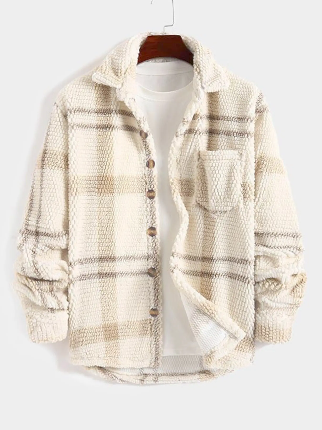 Navy Plaid Waffle Shirt Jacket, Cloud Touch Fabric & Wooden Buttons, Home Casual Wear, Available in Three Colors