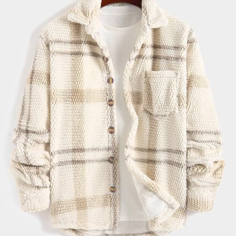 Navy Plaid Waffle Shirt Jacket, Cloud Touch Fabric & Wooden Buttons, Home Casual Wear, Available in Three Colors, Coats
