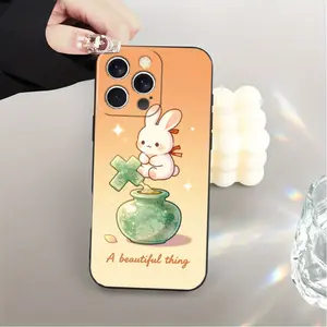 Phone case: Cute Christian rabbit and cross clover jar design, faith-inspired phone case suitable for iPhone 17/17pro/16/X/XS/XR/11/12/13/14/15/16Plus/17ProMax, printed imitation liquid silicone phone case