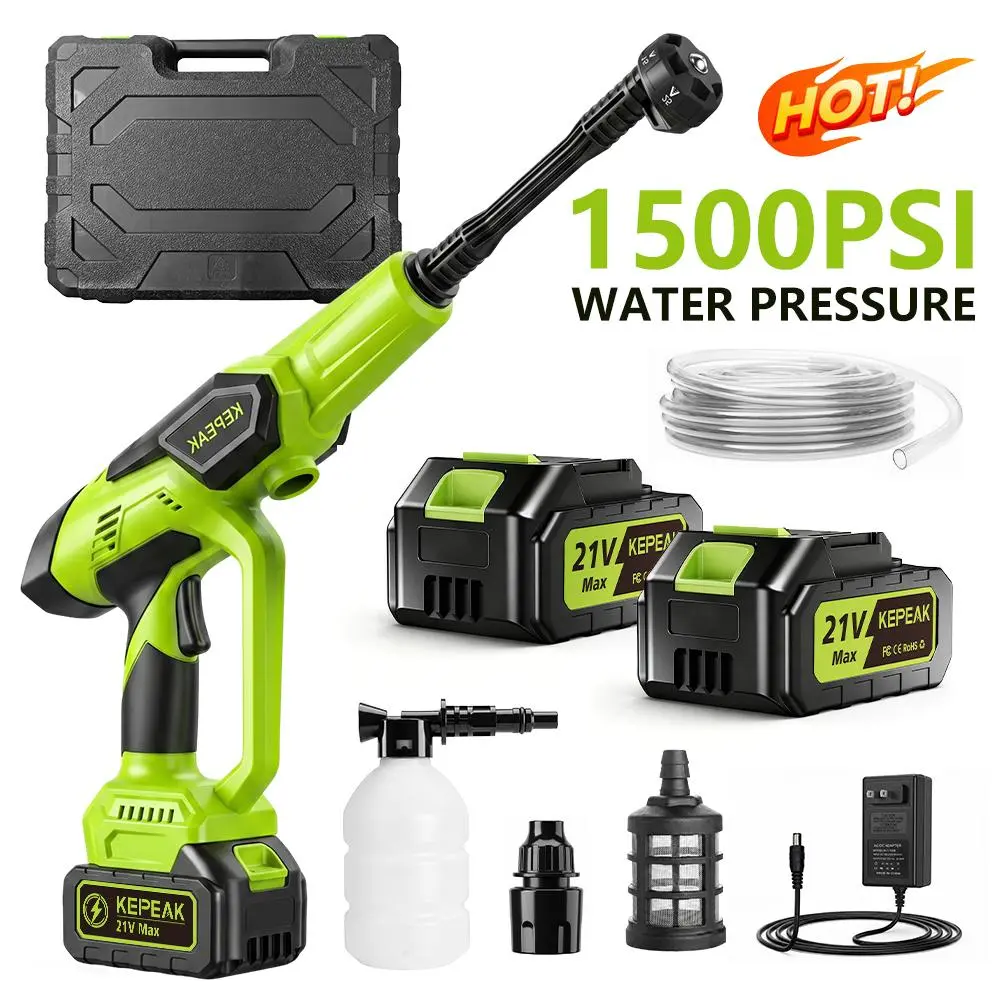 【ToolUpgrade】KEPEAK 1500PSI Cordless Portable Pressure Washer for Car Washing, 21V 200W 3kg High Pressure Water Cleaner with 13000mAh Battery, Charger, Toolbox, Manual, 6-in-1 Adjustable Jet Nozzle, Foam Bottle, Foam Cannon for Bikes
