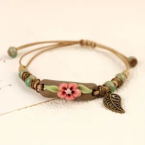 Handmade Green Boho Bracelets for Women Bohemian Ceramic Beads with Floral Charm Trendy Porcelain Stone Beaded for Sisters