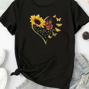 100% Cotton Sunflower Butterfly Heart Summer Floral Girls Women T-Shirt