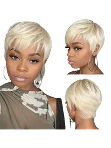 Short 613 Blonde Human Hair Wigs Pixie Cut Short Wigs Full Machine USA Wigs 613 Honey Blonde Human Hair Wigs Short Wavy Bob Pixie Cut None Lace Soft Hair