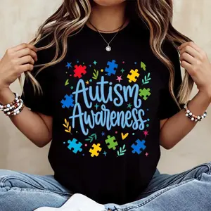 Autism Awareness Puzzle Pieces and Stars Print T Shirt White Crewneck Casual Wear for Support Events and Daily Style