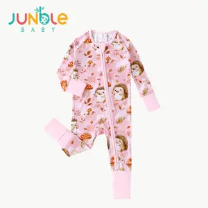 JUNBLEBABY Cotton Fiber Unisex Baby All-in-1 Crawling Suit Toddler Outfit - Pink Hedgehog Print, Soft Fabric, Foldable Footed Cover, Double Zips, All Seasons