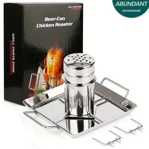 Stainless Steel Beer Can Chicken Rack & Grilling Set| With Vertical Roaster, Square Plate, Veggie Basket & Dual Hanging Ears| Indoor/Outdoor Use for Camping, Home BBQ| BBQ Essential for Juicy Chicken, Light Grey