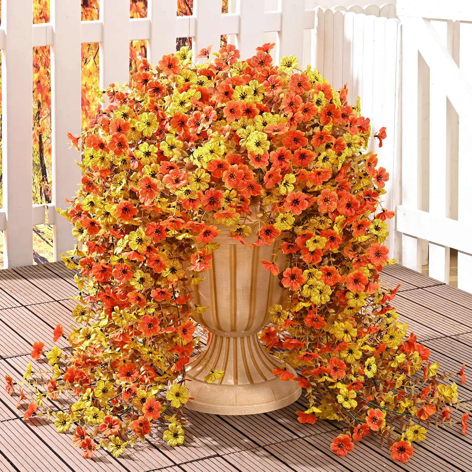 UV-Resistant Faux Flower Arrangement Hanging Decor - Colorful Synthetic Decorative Ornaments with Orange Yellow Fruit Plants, 2-4 Multiple Packs for Outdoor Front Porch Thanksgiving Home Decor (No Basket Included)