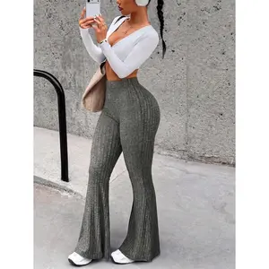 Women's High Waisted Flare Pants, Grey Textured Rib Knit Bell Bottom Trousers for Casual Daily Wear