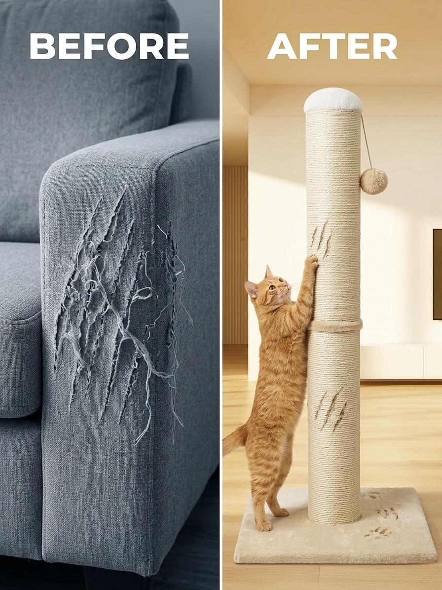 Pawrino Tall Cat Scratching Post – Sisal Scratching Post for Indoor Cats, Stable Base, Full Sisal Coverage, Replaceable Toy Wand