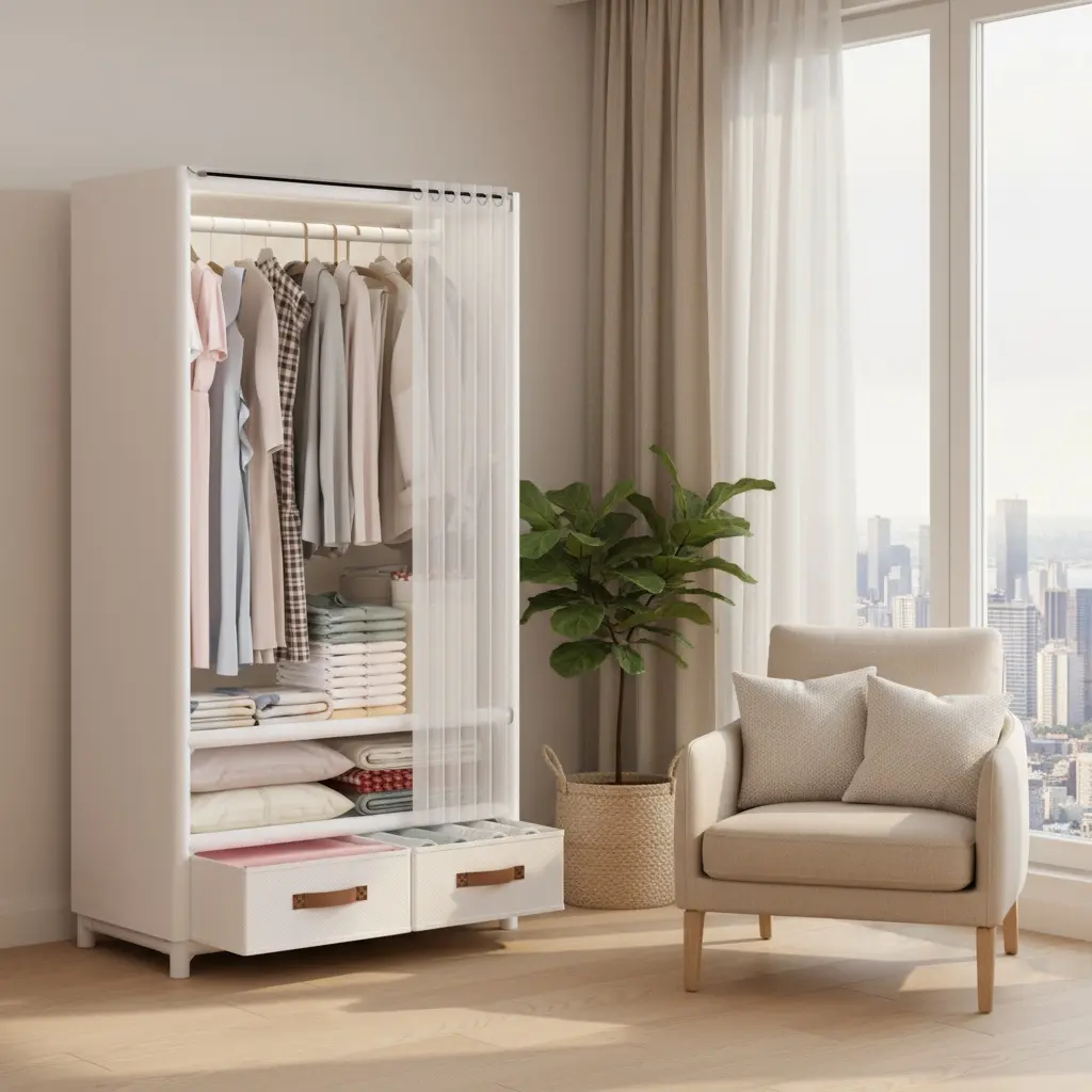 27.5-in White Closet Wardrobe Cabinet - Heavy-Duty Storage Unit with 2 Drawers, Hanging Rod, 2 Shelves, Modern Portable Armoire for Bedrooms, Apartments, Wardrobe Closet with Drawers, 27.5-Inch