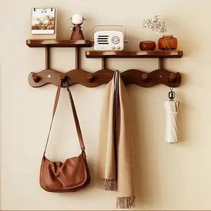 Boho Bamboo Wood No-Drill Wall Hooks - Easy Install, Stylish Home Decor with Multiple Compartments for Organizing Accessories, Versatile Hooks Natural Look Polished Finish, Hangers for Clothes Amber Mount - Wooden