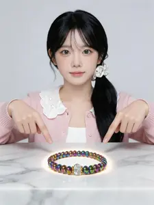 6mm Aura Hematite Crystal Bracelet, Adjustable Elastic Money Bracelet for Women Men, Dainty Wealth Healing Beaded Jewelry Gift