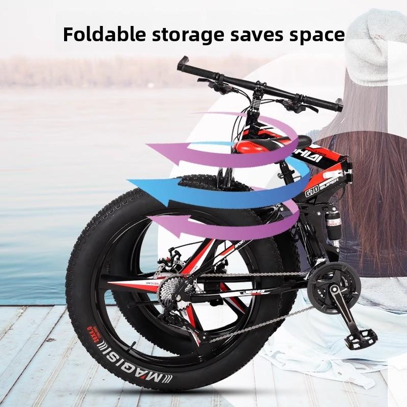 Folding Wide Tire Bicycle Large Thick Wheel Snow Bike Off-road Dual Disc Brake Shock Absorption Speed Mountain Bike for Men and Women Students