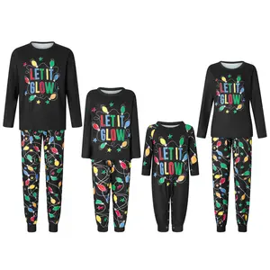 Family Christmas Matching Pajamas Set Christmas Pjs Couple for Family Colorful String Lights Print Long Sleeve Tops + Pants Xmas Holiday Sleepwear Jammies