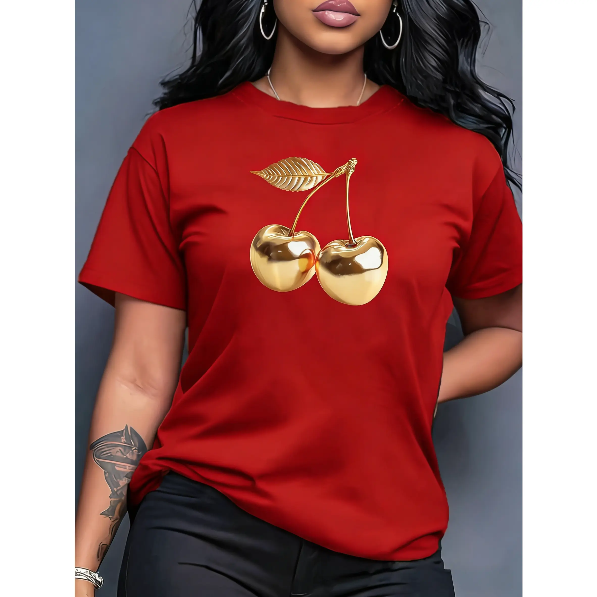 Women's 100% Cotton Shortsleeve Basic Graphic Top - Gold Cherry Print, Round Neck, Loose Fit, Smooth Fabric, Machine Washable, Soft, Casual, Versatile, Suitable for Daily Wear