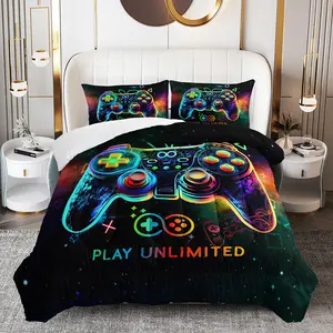 3pcs Gaming Controller Comforter Set, Video Game Duvet Set for Girls and Adults Bedroom or Guest Room Decor, Lightweight Soft All Seasons Comforter Machine Washable Microfiber Quilt with 2 Pillowcases , Gifts for the Family