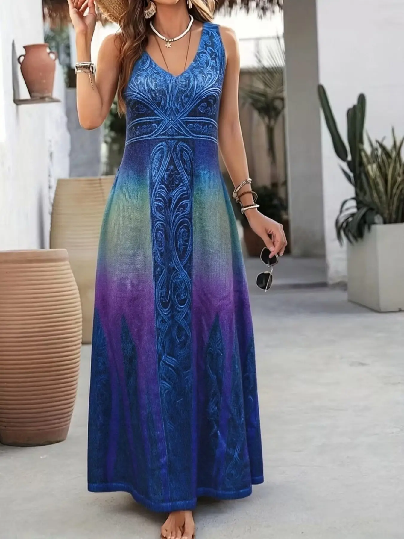 Elegant Women's Knit Sweater Dress, Gradient Printed Life Tree Design, V-Neck Sleeveless Dress, Daily Wear, Casual Wear, All Seasons, Sexy Fashion, Chic, Summer Print Dress, Casual Knitted Dress