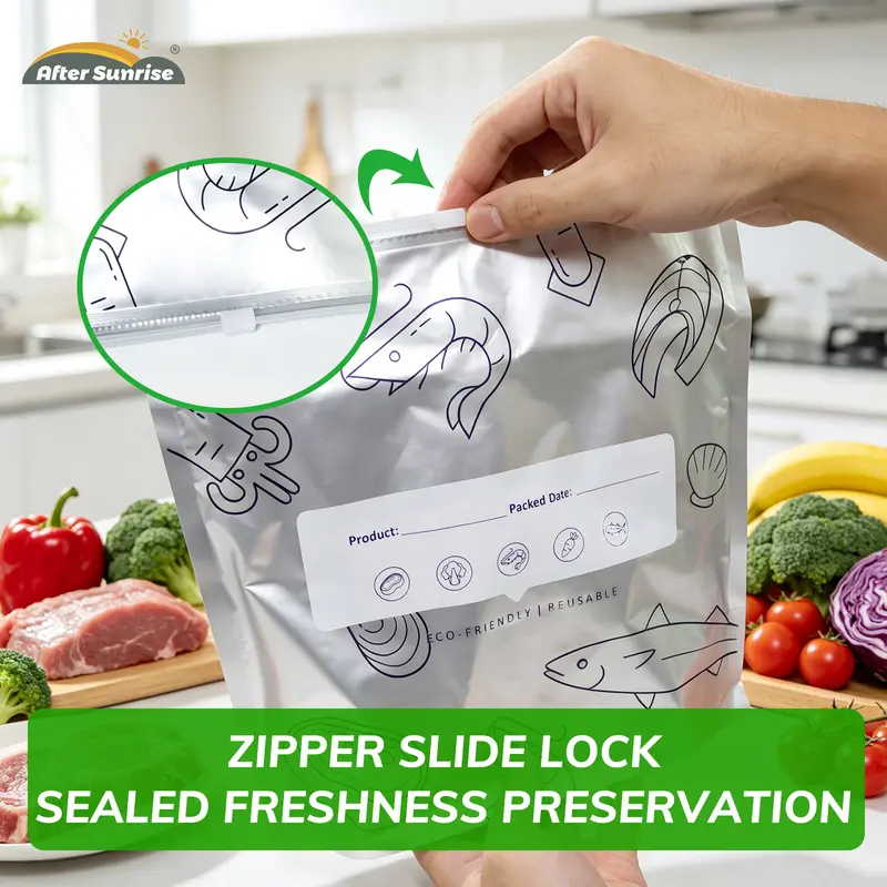 【Refrigerated Food】Reusable Aluminum Foil Sealable Storage Bags, Aftersunrise 2026 New Resealable Vacuum Zipper Pouches for Food, Stand Up Foil Sealable Bags with Label and Zip Lock for Vegetable Fruit Meat