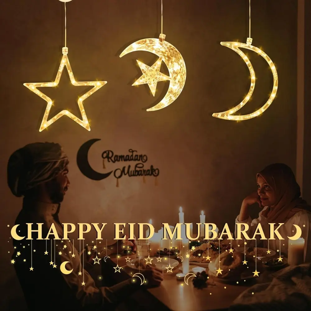 3-piece LED star and Moon light string with suction cup, warm yellow window light for Ramadan, Christmas, wedding, birthday and other festival Pack Decor Ornaments Decoration, Hanging Holes, Moon Star