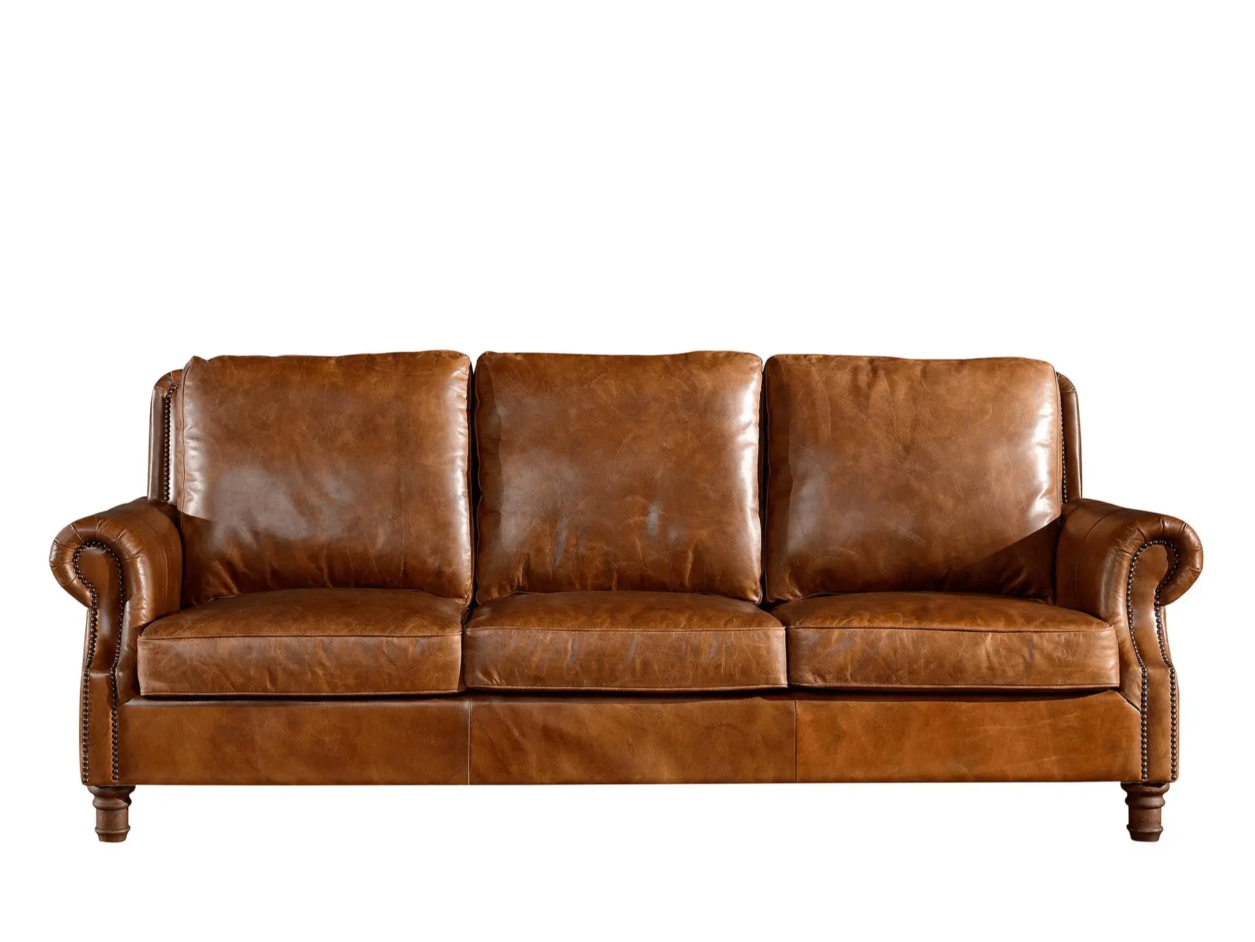 100% Genuine Leather English Rolled Arm Relaxation Sofa Couch - Light Brown Classic Indoor Sofas, Leather Textured Living Room Furniture