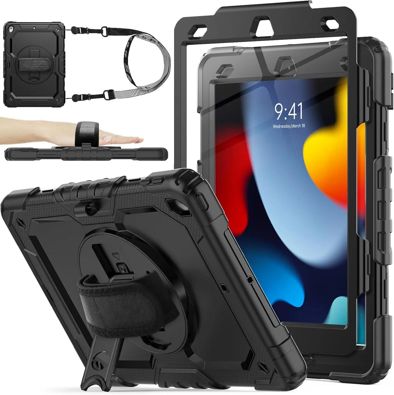 Case for iPad 9th/ 8th/ 7th Generation 10.2'', Shockproof with Screen Protector, Pencil Holder [360 Rotating Hand Strap] & Stand, for iPad 10.2 inch 2021-2019 (Black)