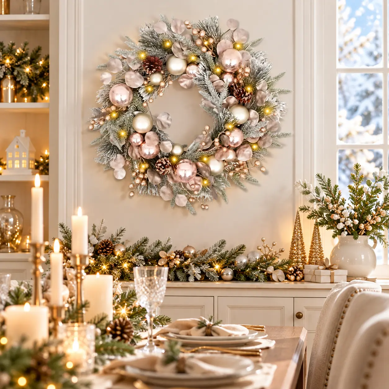 24-Inch Christmas Lighted Wreath for Front Door, Snow-Frosted Pine Wreath with Gold, Silver Balls and Pinecones, Winter Holiday Home Decor