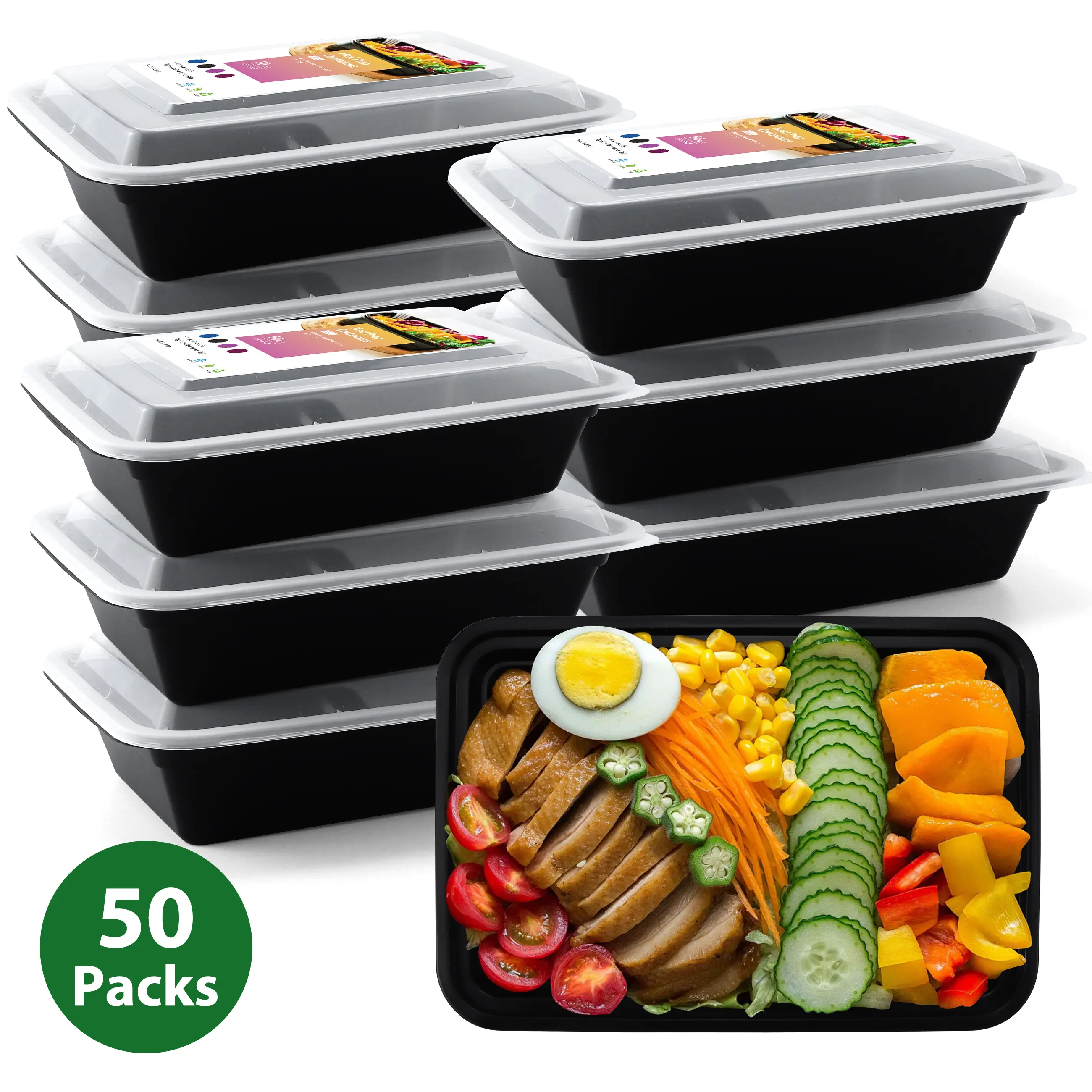 Black 50-Pack Thick BPA Free Plastic 1-Compartment Kitchen Storage Containers with Lids, Stackable, Microwave-Freezer-Dishwasher Safe, Reusable, Leak-Resistant, Ideal for Takeout & Meal Prep, Sturdy,back to school,back to school haul