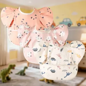 3 Pack Baby Feeding Bibs Waterproof Baby Bibs with3 Large Food Catcher Waterproof Wipeable Mess Proof Adjustable Fit for 0-5 Years