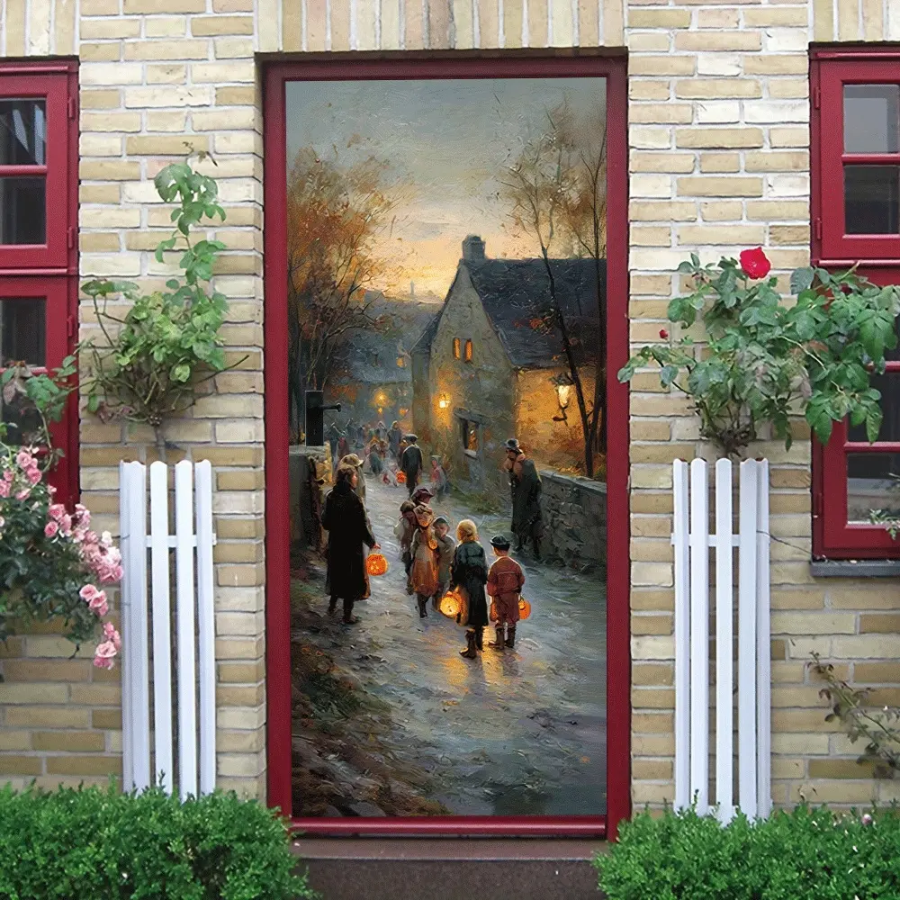 2pcs Vintage European Town Festival Wall Sticker Nostalgic Dusk Street Scene Decoration with Children Holding Lanterns Removable Self Adhesive Home Decor for Living Room Bedroom Festive Ambience Eco Fri