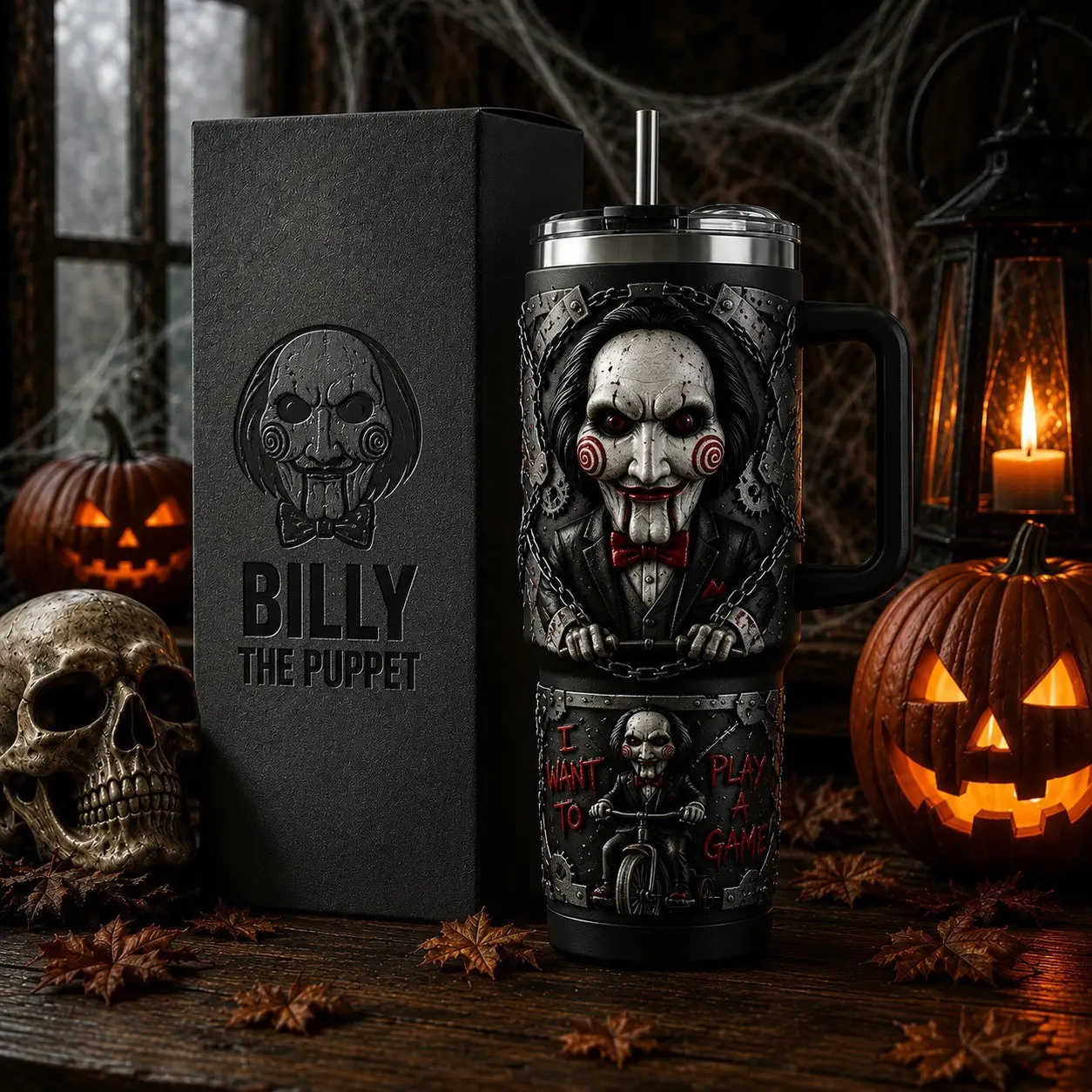 Billy the Puppet Saw 40oz Tumbler, Saw Horror Movie Travel Mug with Handle, Stainless Steel Insulated Cup, Full Wrap Printed Drinkware, Halloween Gift for Horror Fans