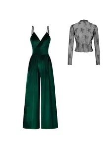 Women's Elegant Lace Long Sleeve Top with Strappy Jumpsuit 2 Piece Set Stylish Two Piece Outfit for Wedding Guest Party or Dinner Date Night