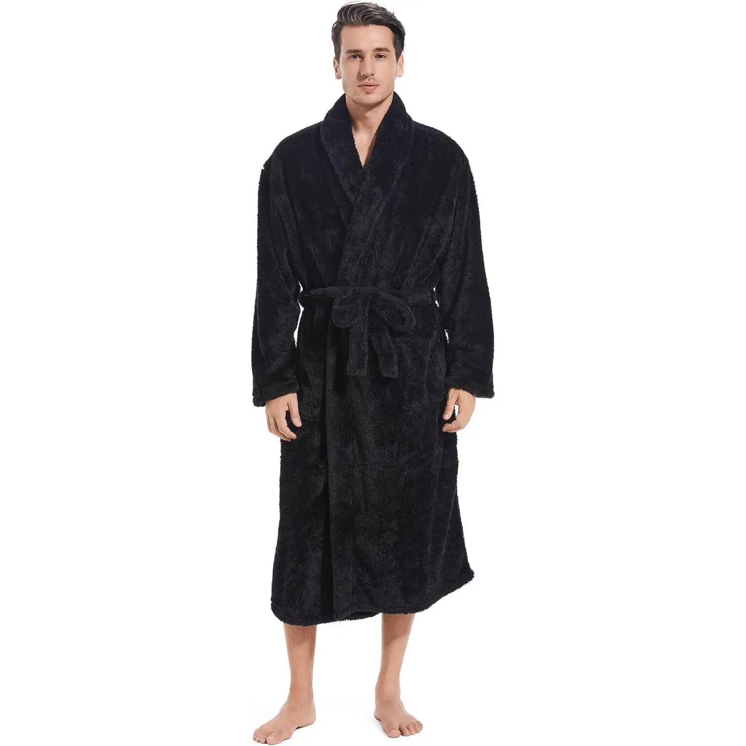 Mens Plush Fleece Robe, Cozy Warm Bathrobe Fuzzy Male  Long Robe With Pockets (DARK GREY)