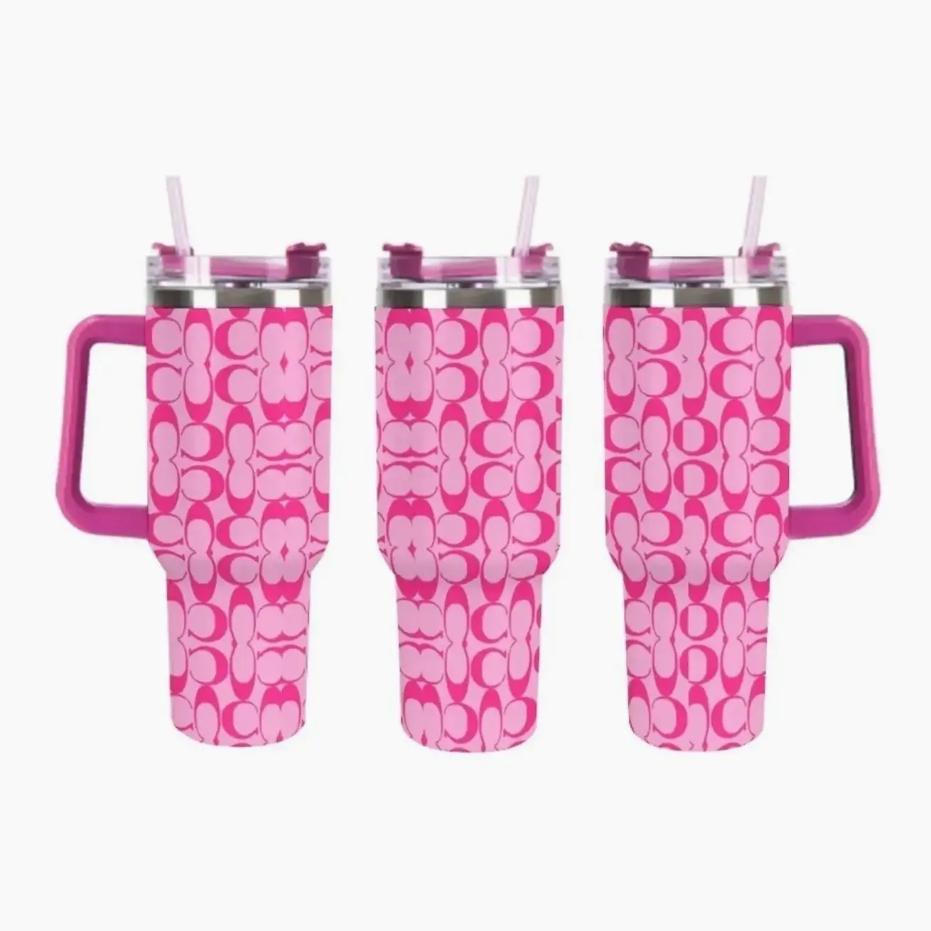 40oz Hot Pink Monogram Print Tumbler with Straw - Pink On Pink Designer Inspired Reusable Stainless Steel Travel Cup, Cute Aesthetic Daily Drink Mug