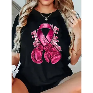 [100% Cotton] Women'S Breast Cancer Awareness T-Shirt - Pink Ribbon & Floral Boxing Glove Graphic, Soft Breathable Fabric Crew Neck Casual Top, Comfortable For Spring Summer Fall, Series, Breast Cancer T Shirt Spring Su Golf Gift T-Shirt For Men And Women