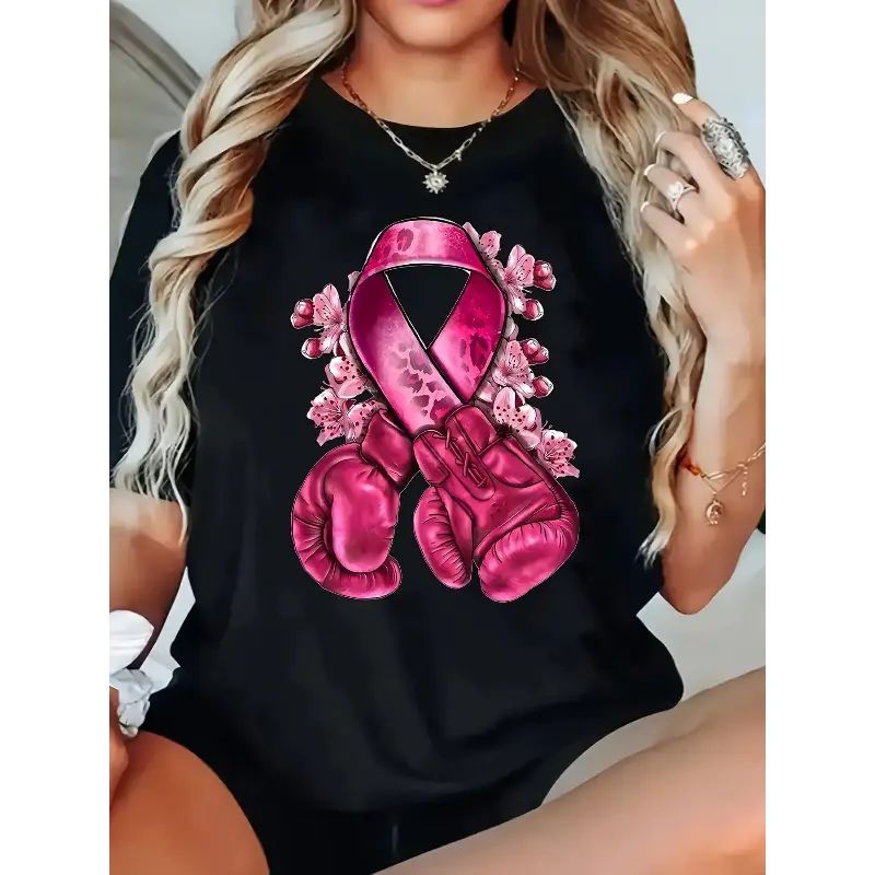Women'S Breast Cancer Awareness T-Shirt - Pink Ribbon & Floral Boxing Glove Graphic, Soft Breathable Fabric Crew Neck Casual Top, Comfortable for Spring Summer Fall, Series, Breast Cancer T Shirt Spring Summer Apparel, Comfortable Fit Shirt