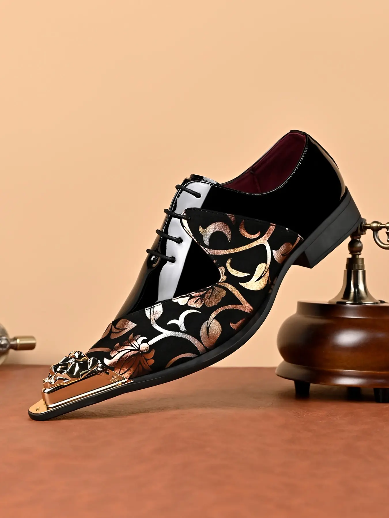 Men's Formal Shoes with Elegant Floral Pattern, Lace-Up Design for Wedding Banquets, All Season PU Leather Dress Shoes, Formal Footwear