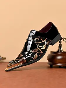 Men's Formal Shoes with Elegant Floral Pattern, Lace-Up Design for Wedding Banquets, All Season PU Leather Dress Shoes