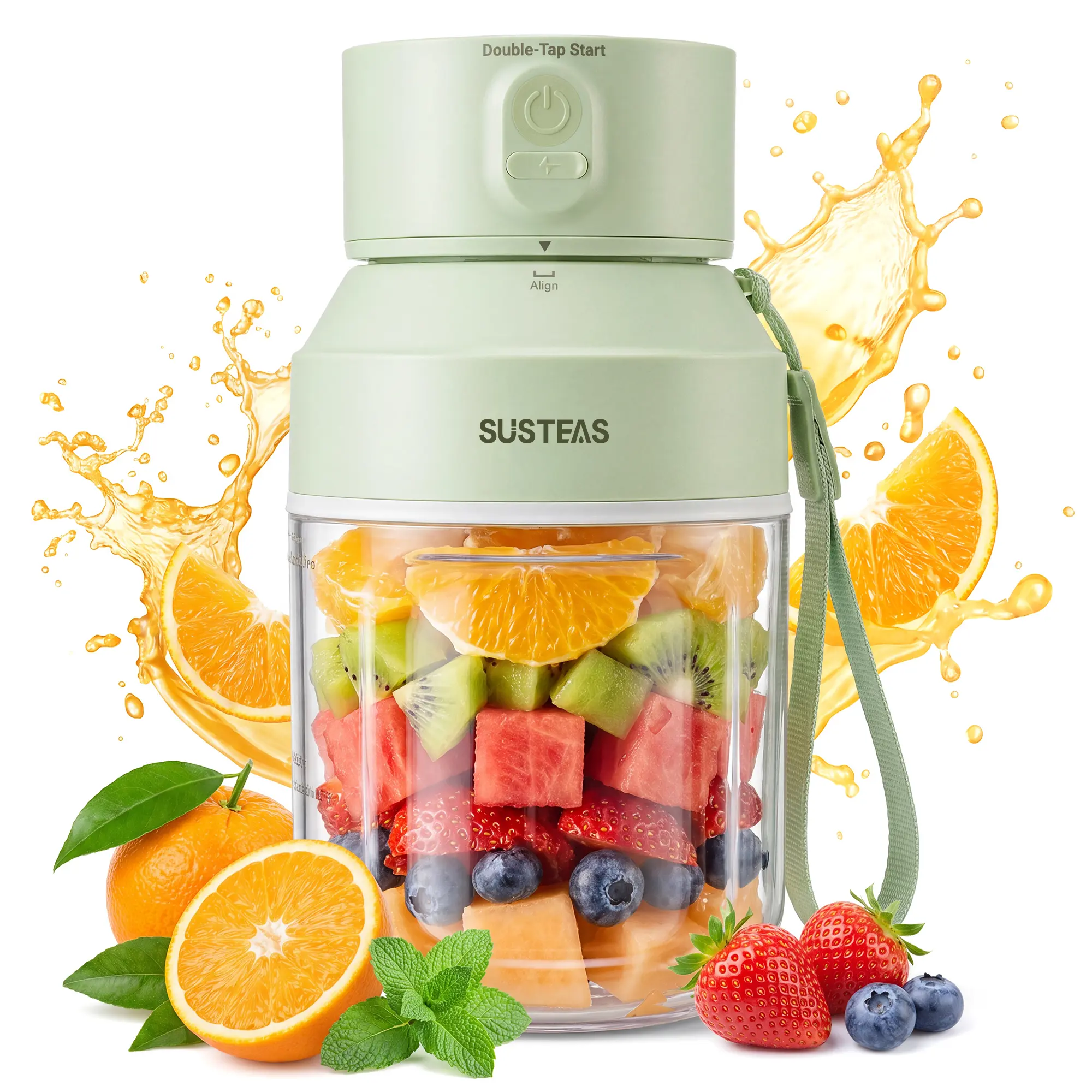 SUSTEAS 1000ml Portable Blender, 2-in-1 Juicer Cup with Whole Fruit Wide Mouth, Ice-Crushing, Rechargeable, Auto-Off, Dual Lids & Carry Strap, 60s Fast Blend for Gym, Office, Kids