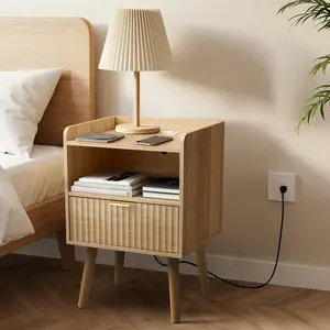 Fluted Nightstand with Drawers, Modern Bedside Table with Charging Station, Night Stand for Bedroom, End Side Table with USB Ports, Small Nightstand with Storage Shelf (Set of 2)