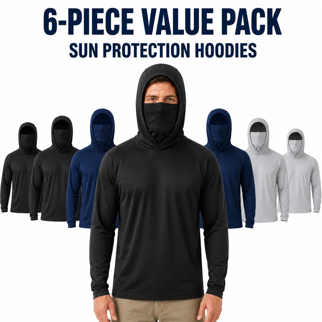 Men's 6-Pack Outdoor Work Hoodies with Built-In Face Cover, Sun Blocking Breathable Long Sleeve Shirts for Construction, Farm Work and Lawn Care