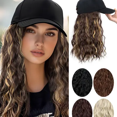 Baseball Cap Wig Long Natural Wave Hair Extension Hat, High-Temperature Synthetic Fiber Adjustable Cap Wig for Women Girls Heat Resistant Wigs Heat Friendly Wig Synthetic Material Wigs Wavy Wigs