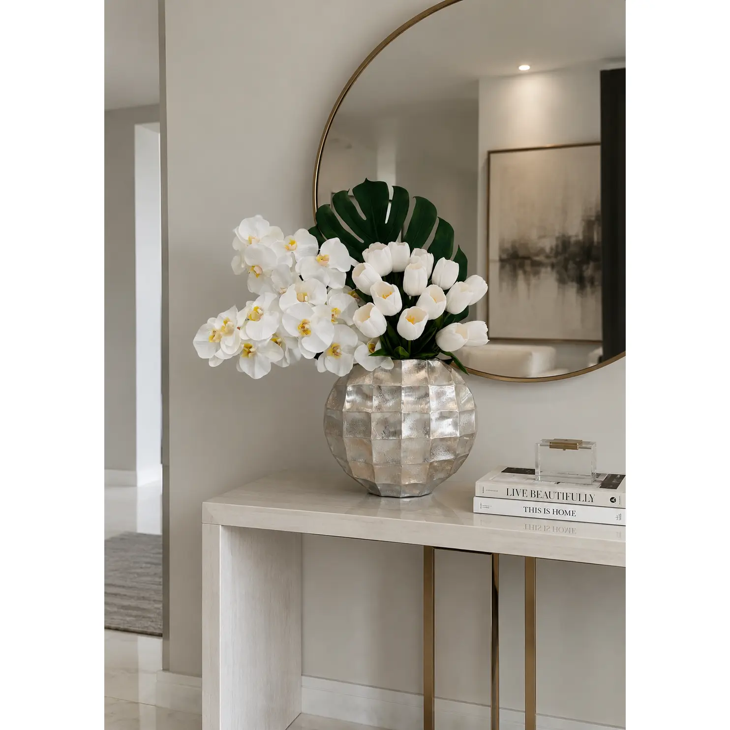 LUXURY WHITE ORCHIDS & TULIPS ARRANGEMENT IN MOTHER OF SILVER METAL VASE