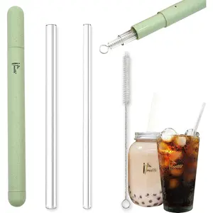 Glass Drinking Boba Straws Set with Portable Travel Case,Cleaning Brush,7mmx8.27" and 12mmx8.27", for Smoothies,Milkshakes,Juice,Coffee,Bubble ,Sparking Water