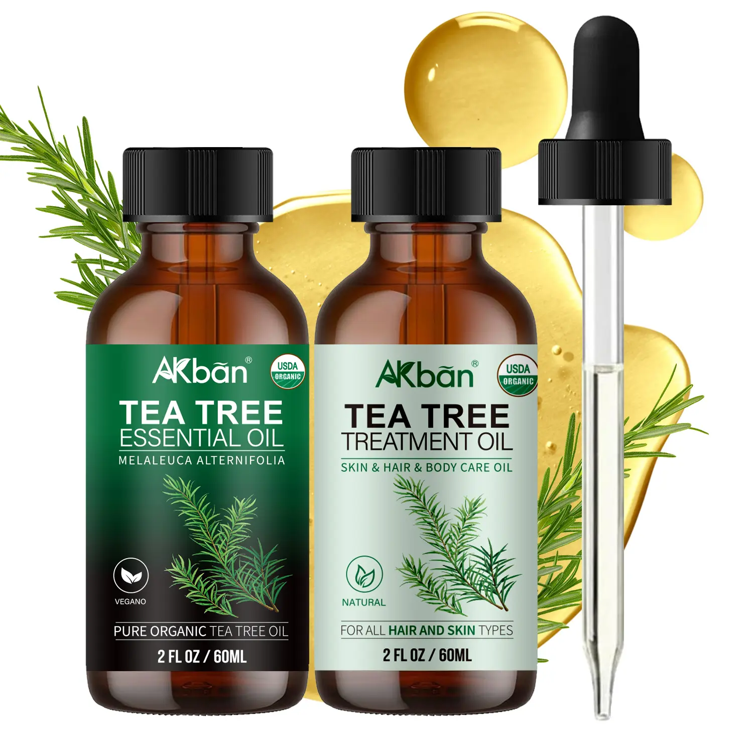 AKBAN USDA Organic Tea Tree Essential Oil, 100% Pure Natural 2 fl.oz Therapeutic Treatment Solution for Hair Growth Products, Skin, Nails & Diffuser Aromatherapy, Hair Oiling Routine, Wellness, Tea Tree Oil For Nails Care