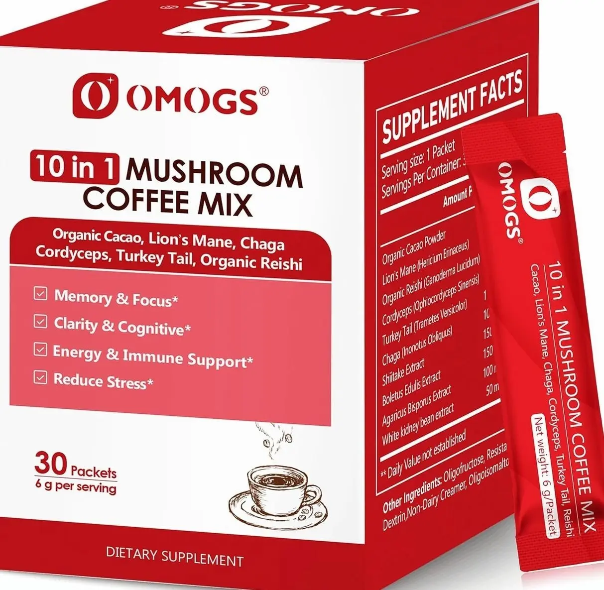 OMOGS Mushroom Coffee, 10 in 1 Extract Powder Blend Lion's Mane, Reishi, Cordyceps, Chaga, Turkey Tail, Instant Coffee-for Energy, Focus, Memory, Digestion & Immunity, 30 Serving