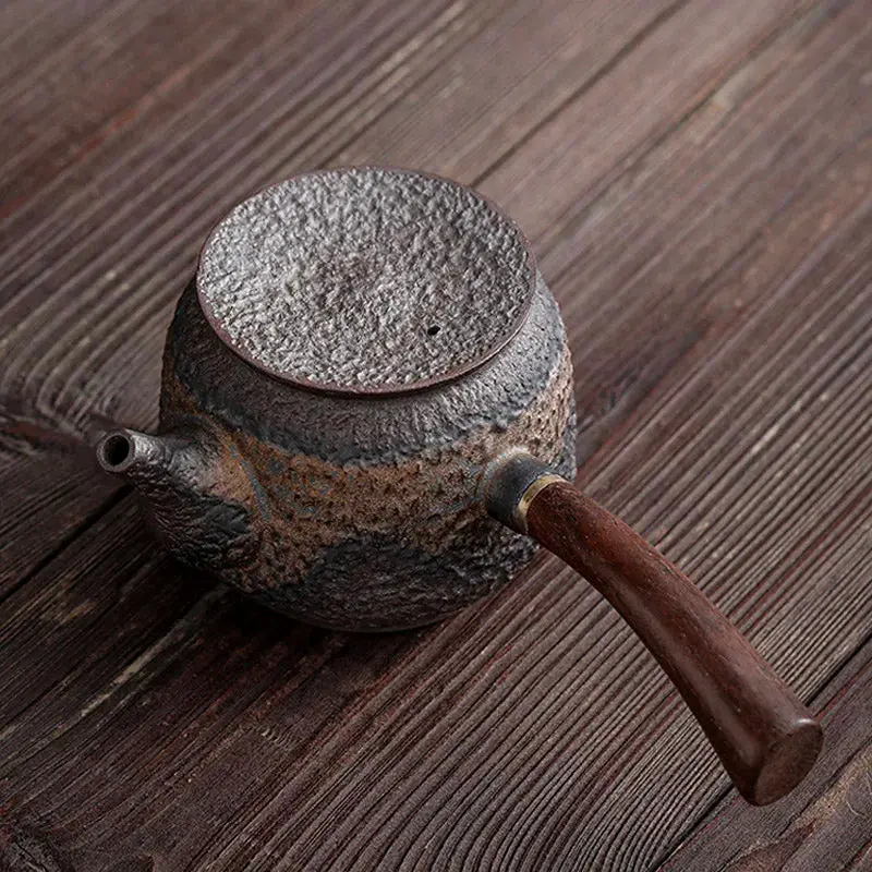 Handmade Ancient Alchemy Gilt Iron-Glazed Teapot - Wabi-Sabi Japanese Retro Pottery with Solid Wood Handle