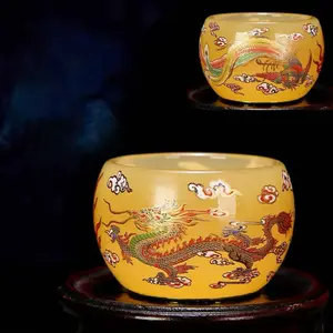 Light Luxury Gold Inlaid Jade Liuli Master Cup Household Gongfu Tea Set Tasting Tea Cup Chinese Style High-Grade Personal Tea Cup