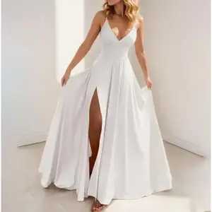 D_Sky Blue Women's Fashion Spring Summer 2025 Dress with Lace-Up Slit & Suspender Design for Formal & Casual Wear Minimalist Elegance